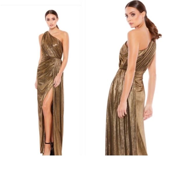 Mac Duggal 26537 leena Metallic Asymmetric Wrap Gown Grecian Draped 10 NWT - Picture 1 of 9